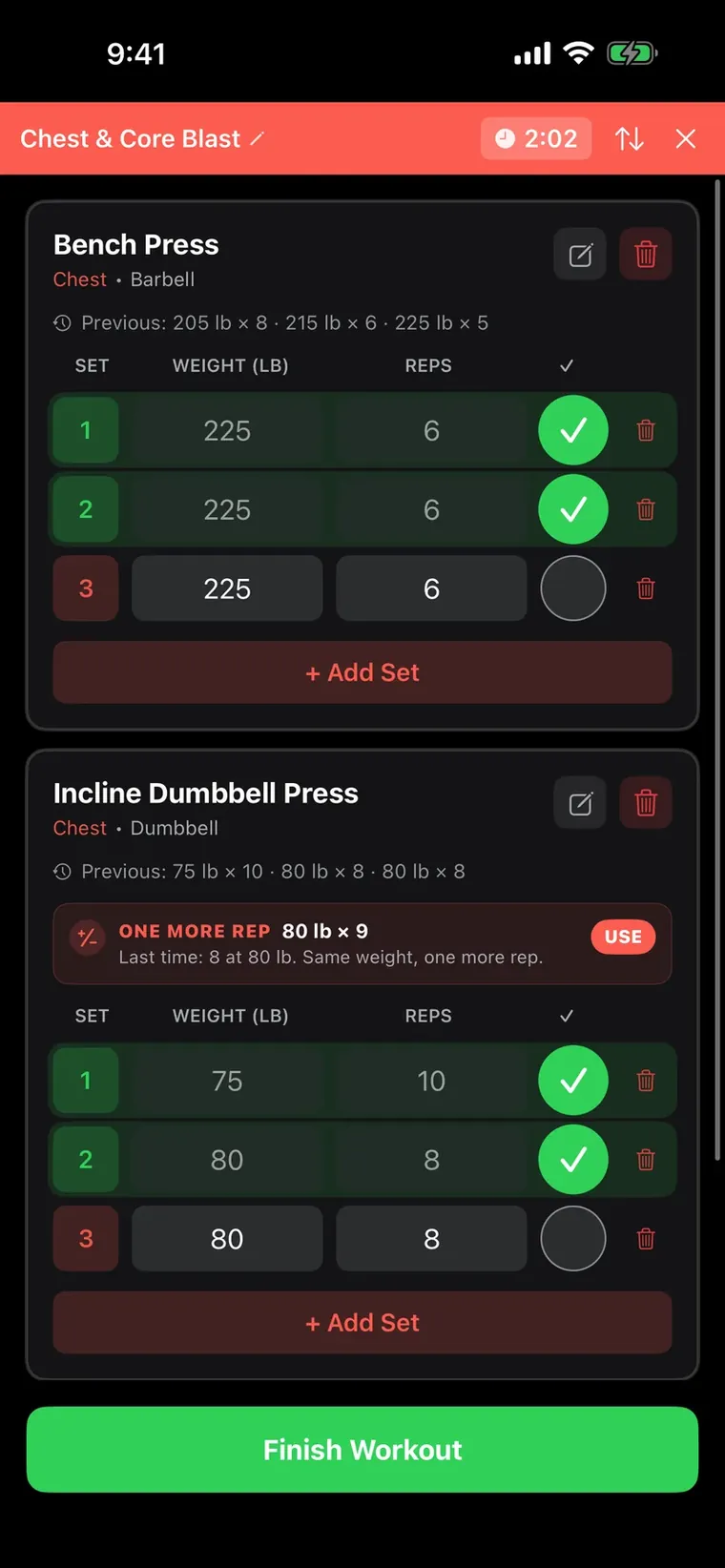 An active REPZ workout logging sets of bench press, with last session's numbers and a suggestion to add one more rep.