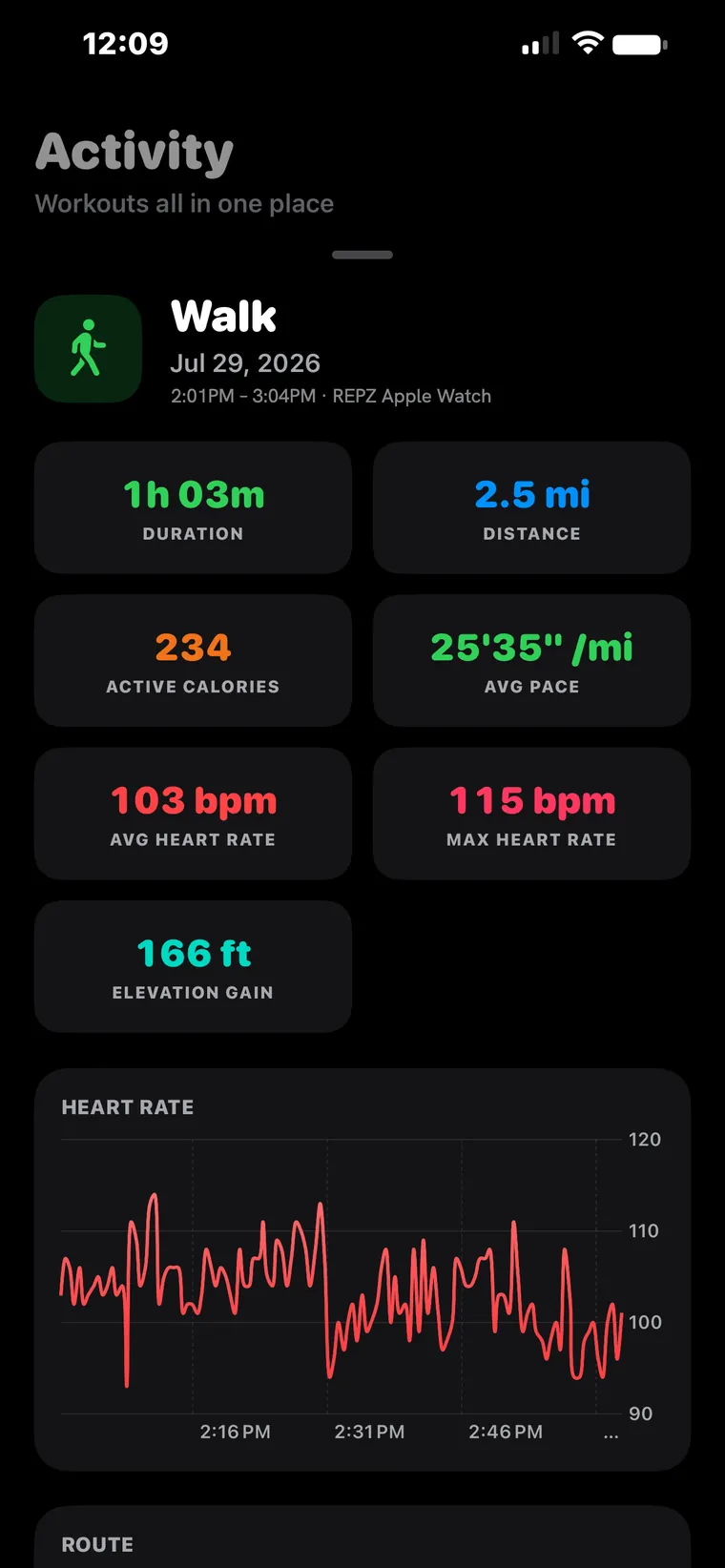 A REPZ activity detail for a walk showing duration, distance, active calories, average pace, heart rate and elevation gain.