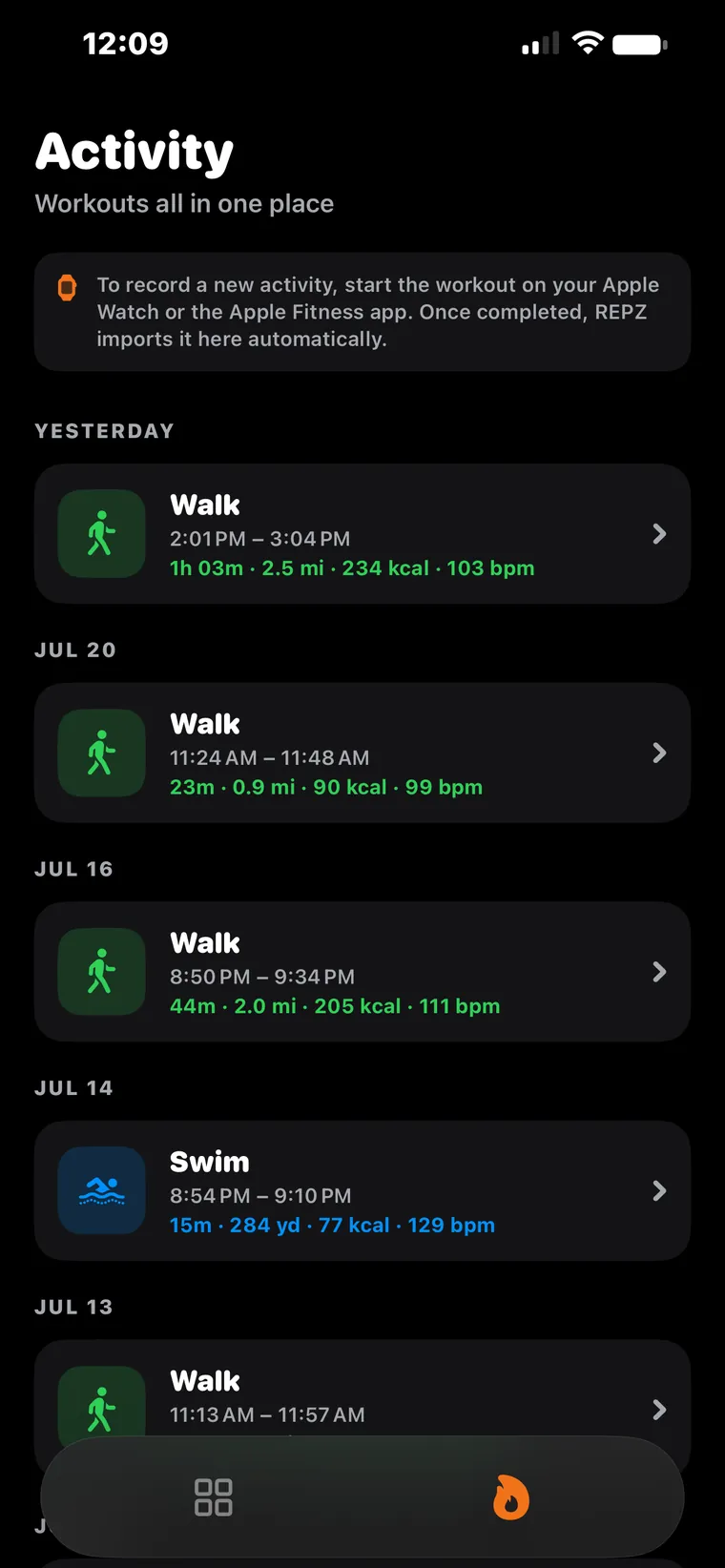 The REPZ activity list showing walks and a swim imported from Apple Watch, each with duration, distance, calories and heart rate.