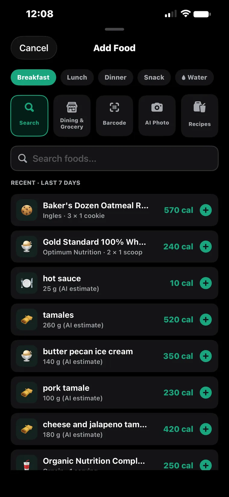 The REPZ Add Food sheet with Search, Dining and Grocery, Barcode, AI Photo and Recipes, above a list of recent foods.