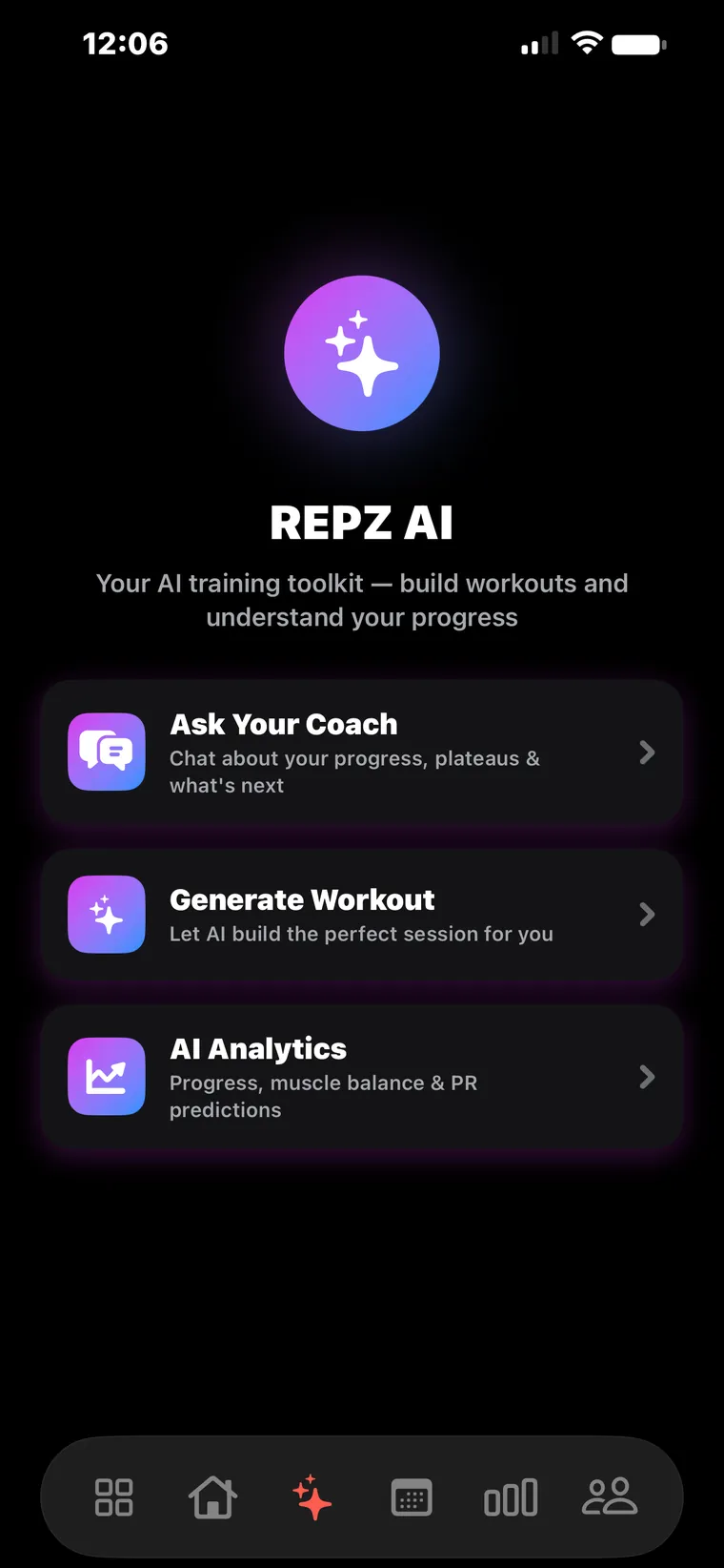 The REPZ AI screen offering Ask Your Coach, Generate Workout and AI Analytics.