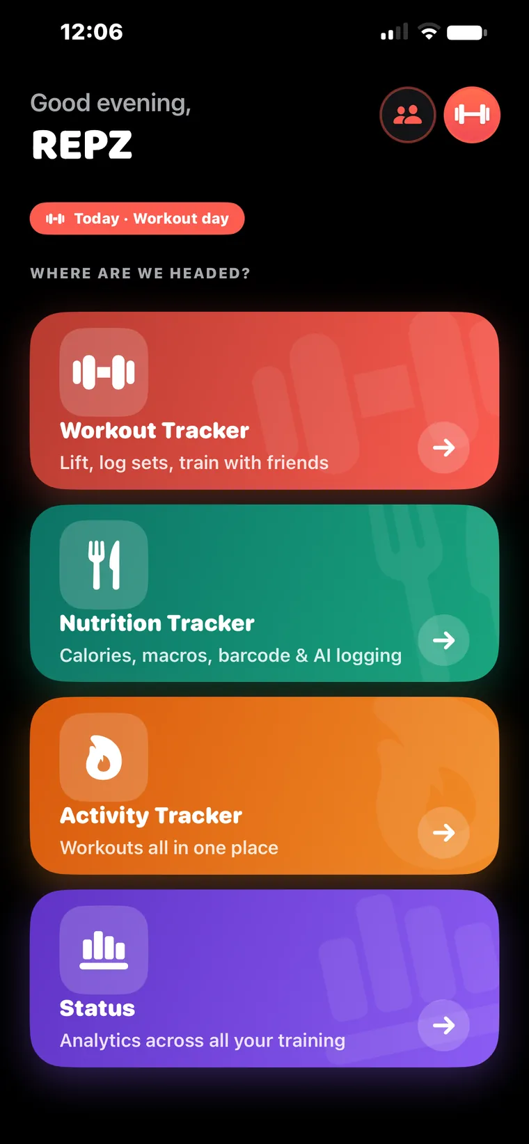 The REPZ hub with four cards: Workout Tracker, Nutrition Tracker, Activity Tracker and Status analytics.