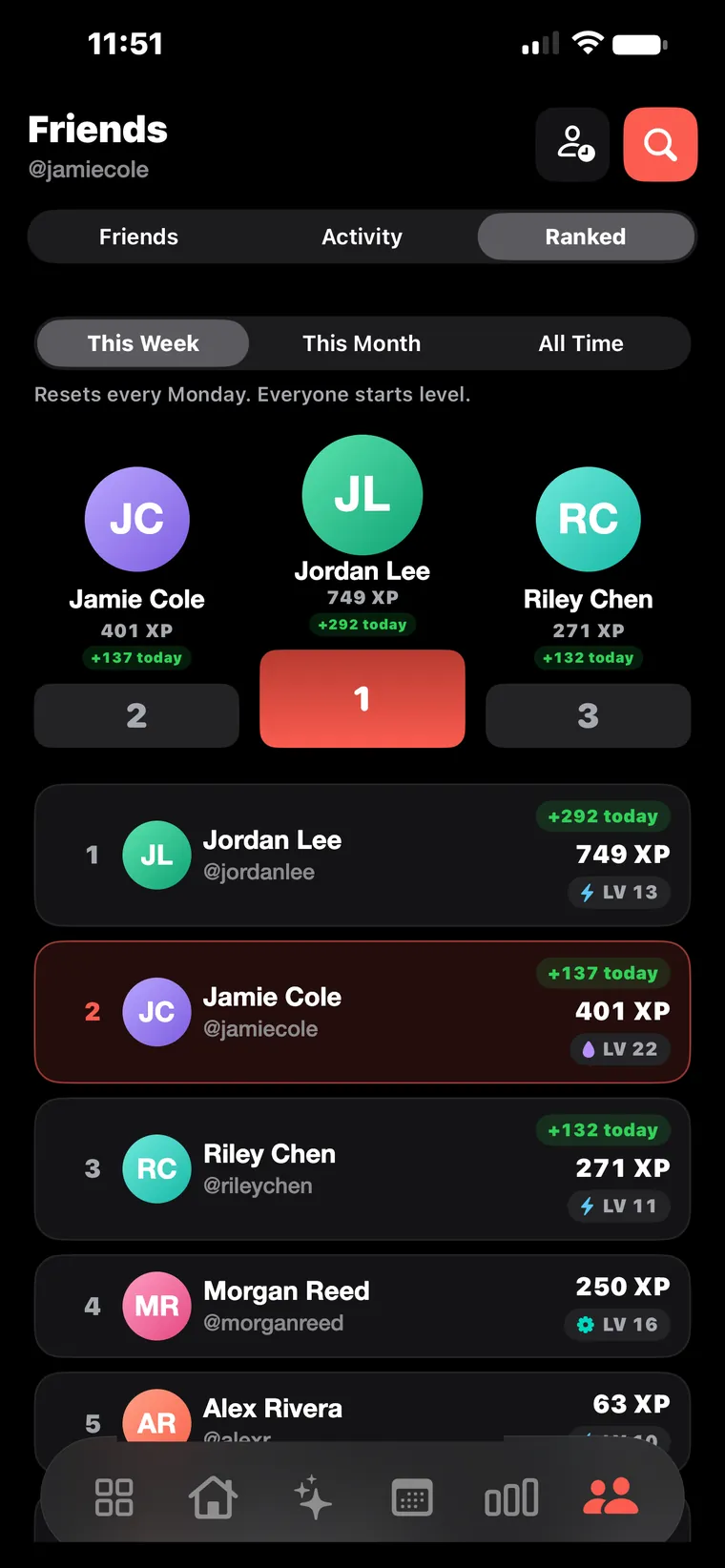 The REPZ ranked leaderboard with a weekly podium, each friend's XP total and their level.