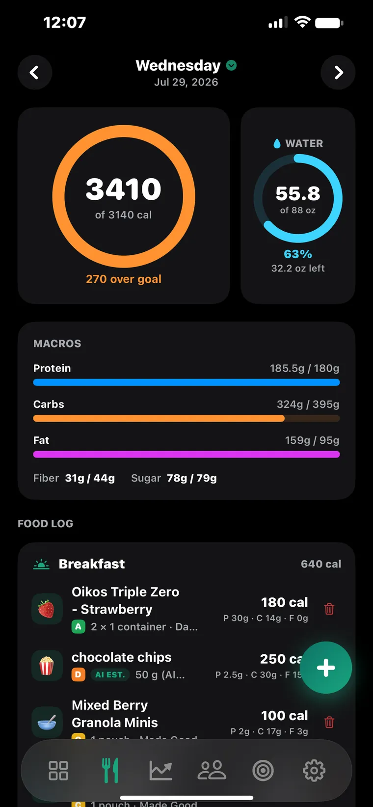 A REPZ nutrition day showing calories against goal, a water ring, and protein, carb and fat progress bars above the food log.