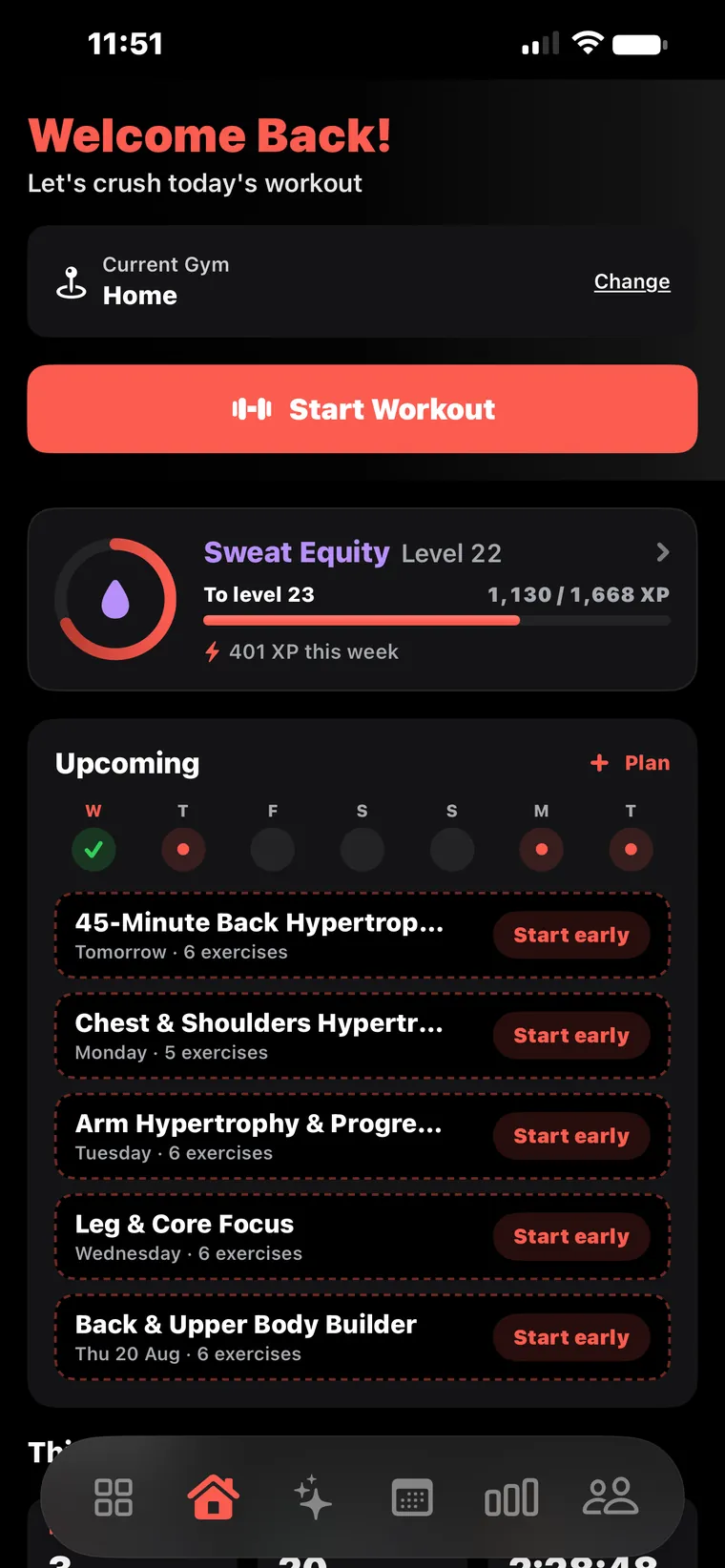 The REPZ home screen showing a Start Workout button, weekly XP progress and the week's planned sessions.
