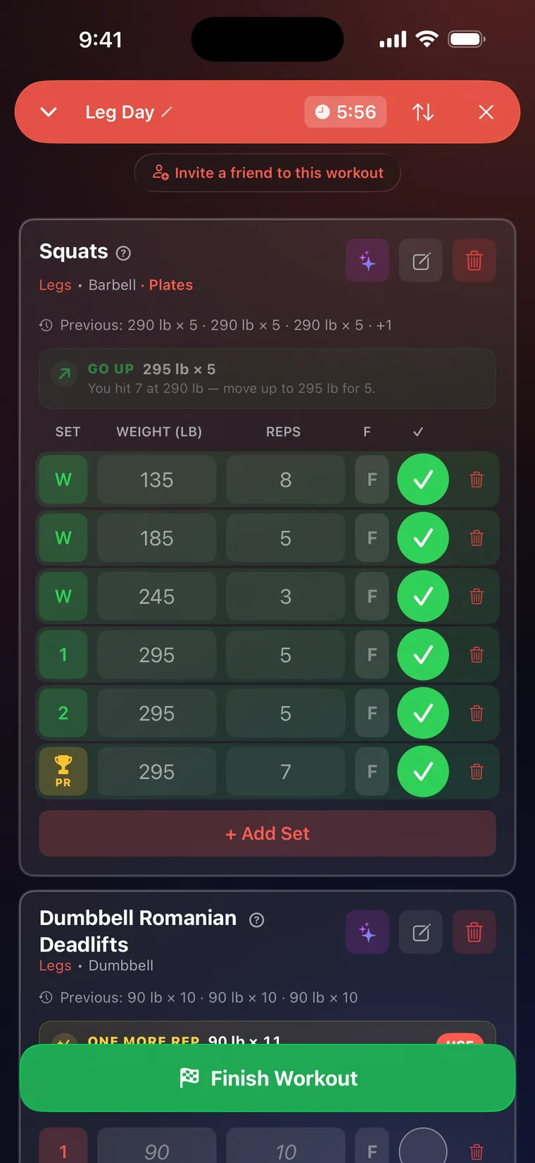 A live Leg Day: squats with three W warm-up sets and three working sets, a PR trophy on 295 lb × 7 the moment it was ticked, the Plates button for the plate calculator, and a One more rep target on the next exercise.