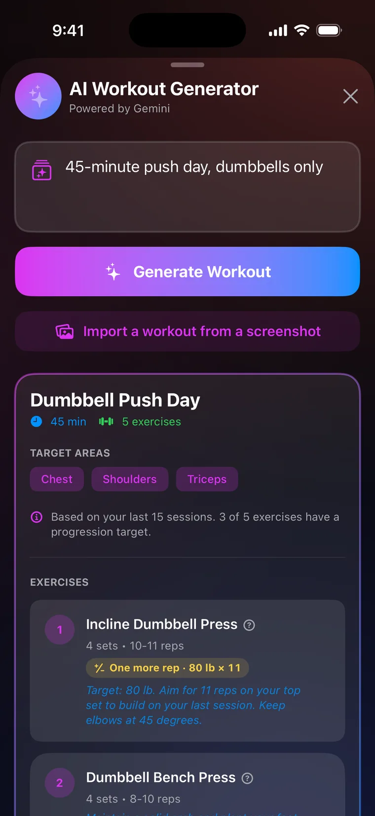 The AI Workout Generator, asked for a “45-minute push day, dumbbells only”: Dumbbell Push Day, 45 minutes, 5 exercises for chest, shoulders and triceps, based on your last 15 sessions with 3 of 5 exercises carrying a progression target — Incline Dumbbell Press first, with a One more rep target of 80 lb × 11.