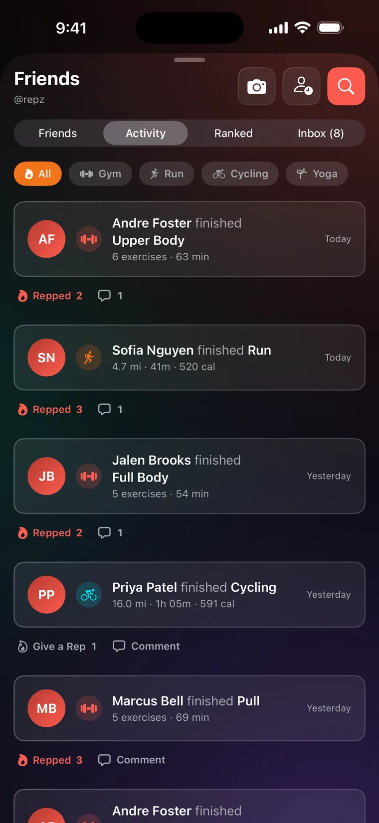 The Friends activity feed: demo friends’ finished workouts, a run and a ride, with Reps and comments.
