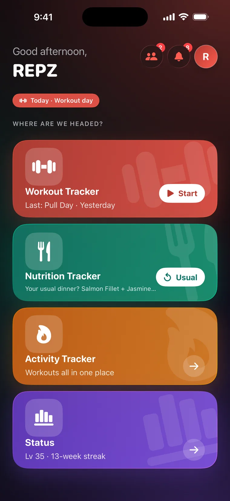 The REPZ hub: Workout Tracker with a Start button, Nutrition Tracker asking “Your usual dinner?” with a one-tap Usual button, Activity Tracker, and Status showing level 35 and a 13-week streak.
