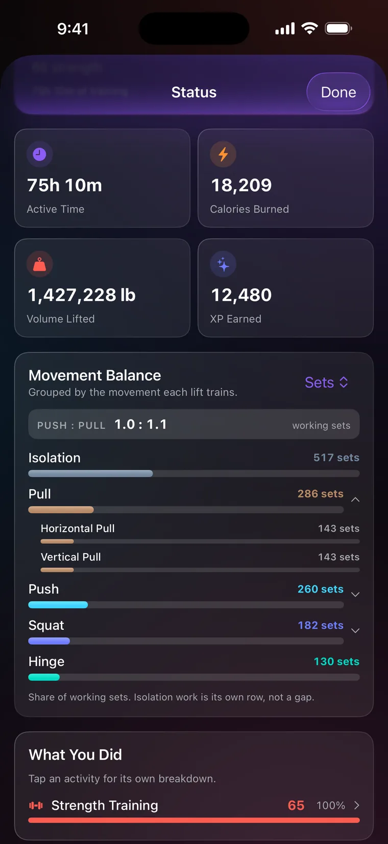 Movement balance: working sets by movement pattern — isolation, pull, push, squat and hinge — with pull split into horizontal and vertical and the push-to-pull ratio.