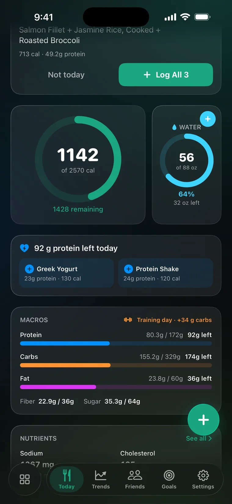 Nutrition on a training day: the usual dinner (Salmon Fillet, Jasmine Rice and Roasted Broccoli, 713 calories) with Log All 3, 1142 of 2570 calories, 92 g protein left with two one-tap foods, and macros showing Training day · +34 g carbs, with grams left for each.