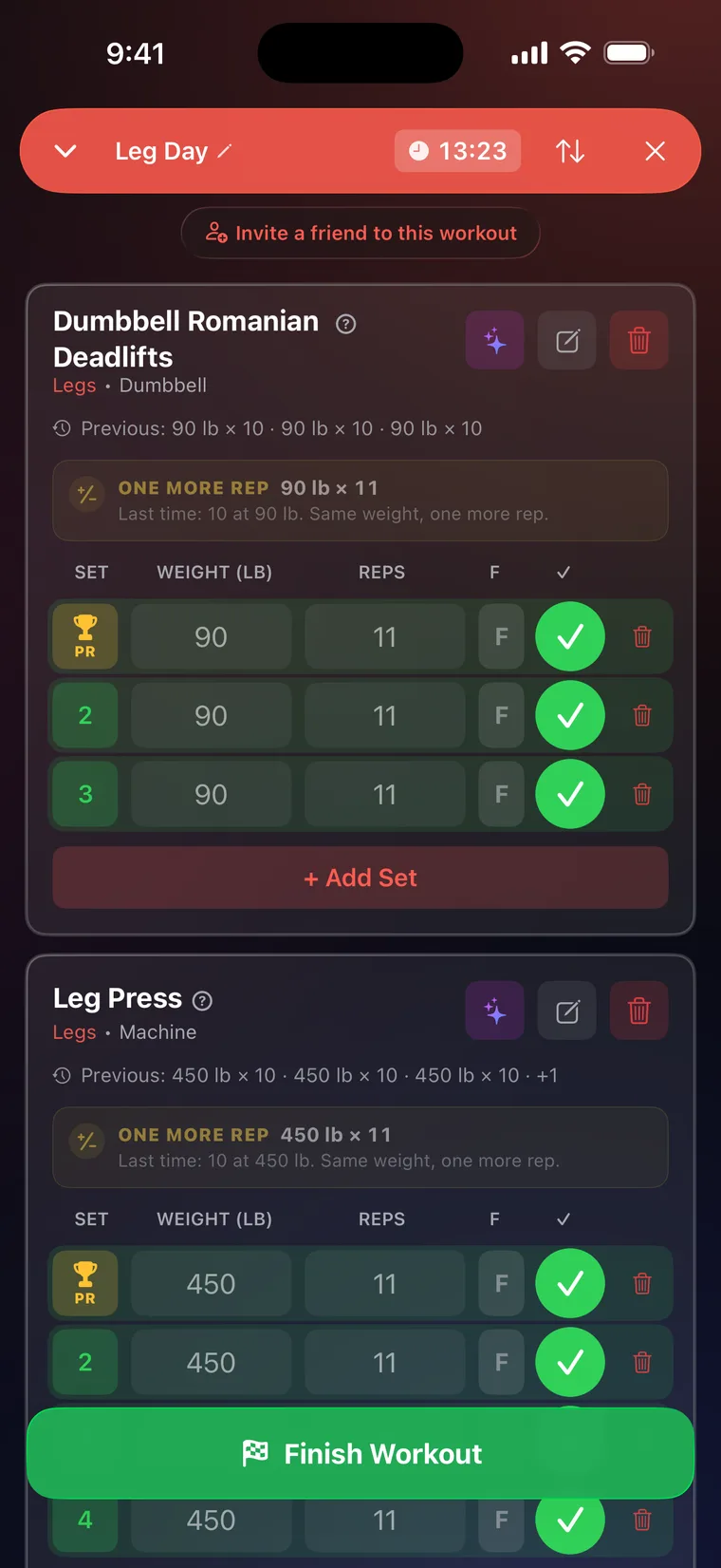 The same Leg Day, mid-workout: a PR trophy on the first set of Dumbbell Romanian Deadlifts, 90 lb × 11, and of Leg Press, 450 lb × 11, each one rep more than last time.