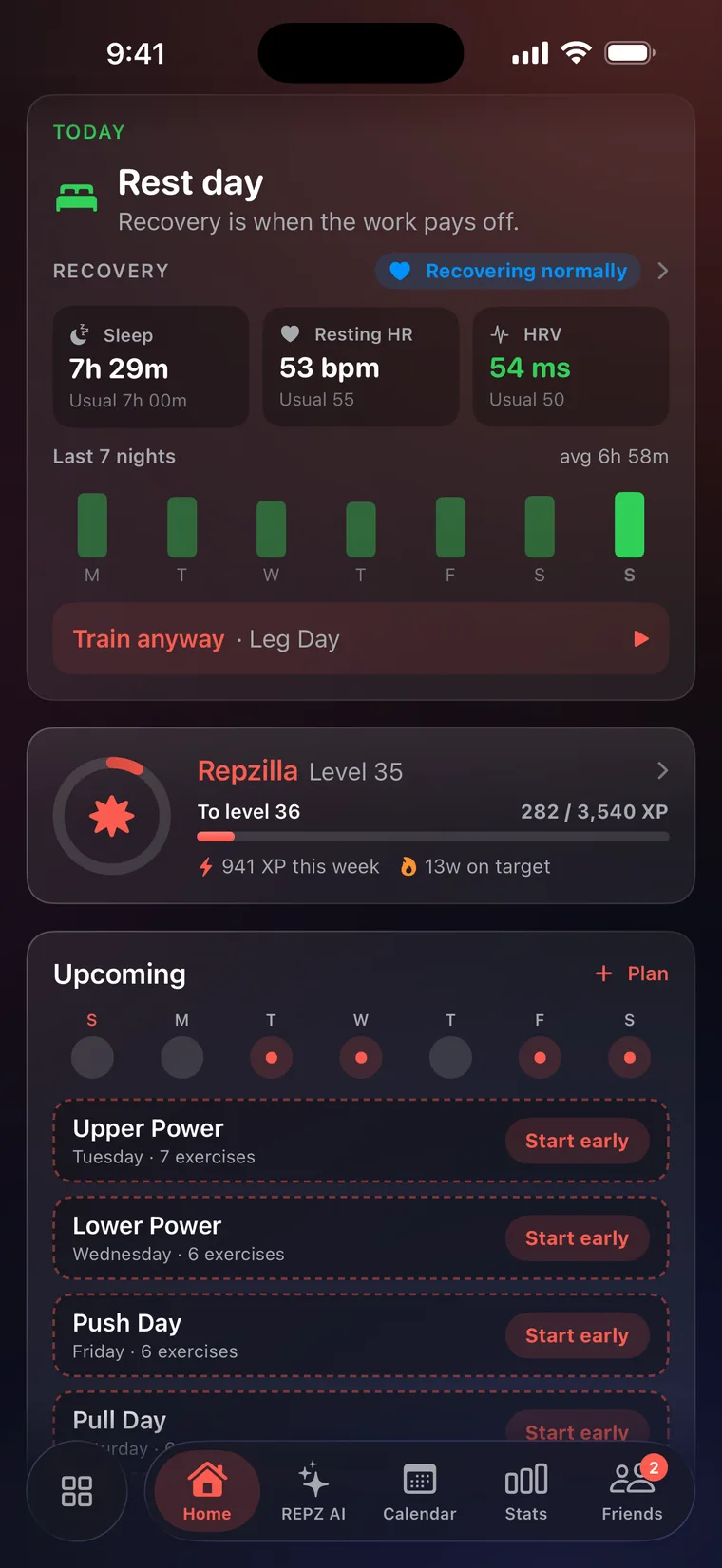 Today’s rest-day card: Rest day, recovery is when the work pays off. Recovering normally — sleep 7h 29m, resting heart rate 53 bpm and HRV 54 ms against their usual values, the last seven nights of sleep, and Train anyway · Leg Day.