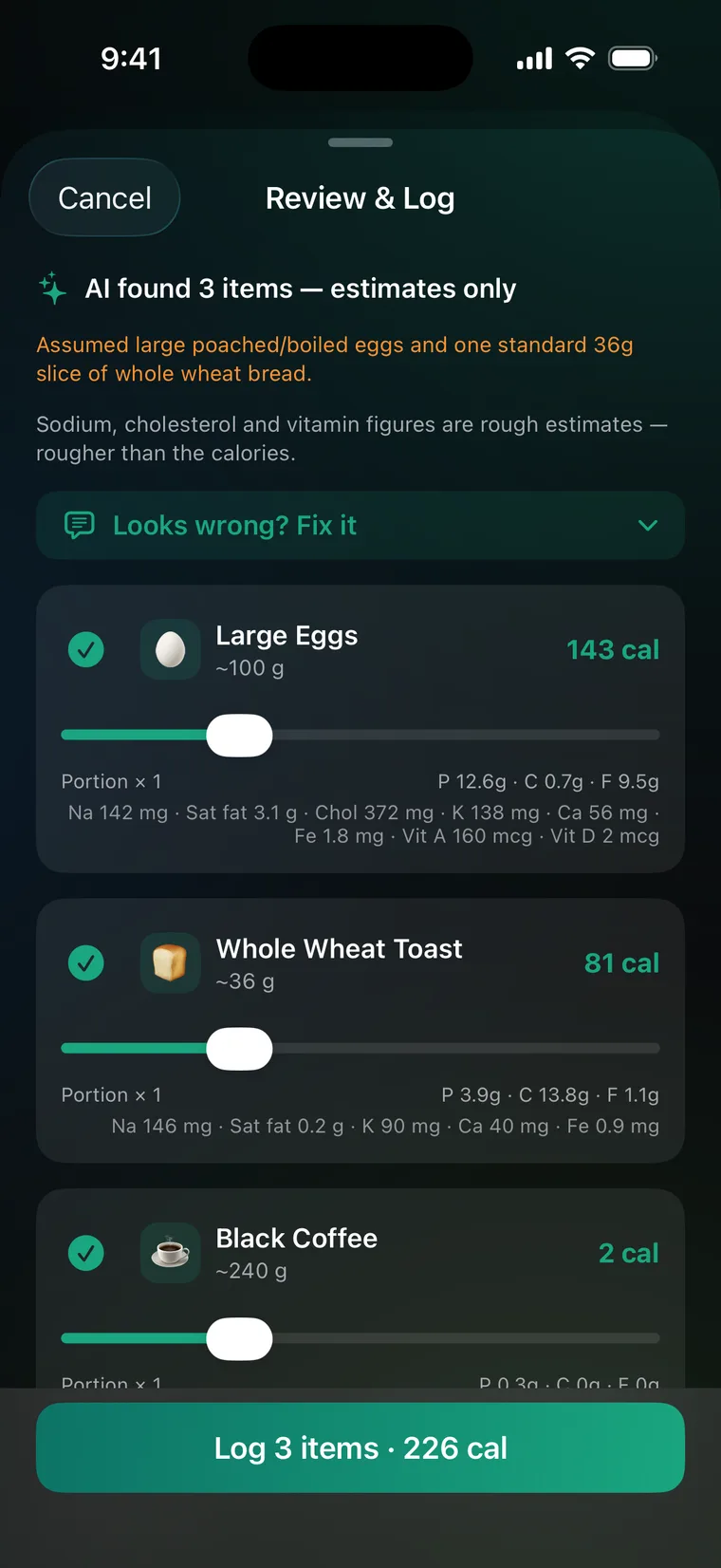 Log by Voice’s review: “two eggs, a slice of whole wheat toast and a black coffee” became three foods with estimated portions and nutrients, ready to check before logging 226 calories.