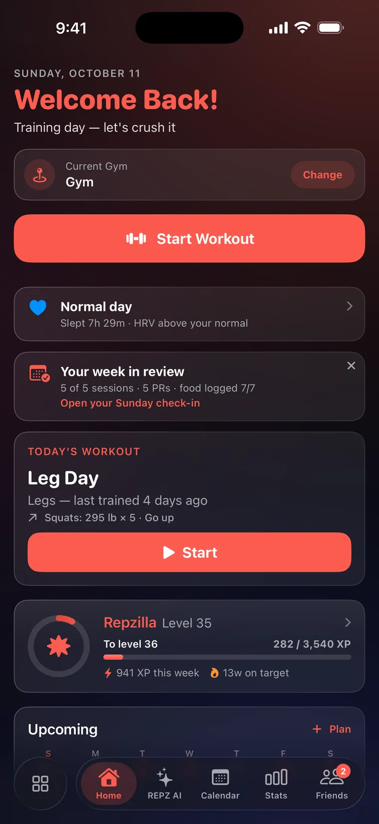 Workout Home: today’s readiness (Normal day · Slept 7h 29m · HRV above your normal), Your week in review, and Today’s Workout — Leg Day, legs last trained 4 days ago, squats 295 lb × 5, Go up — with a Start button.