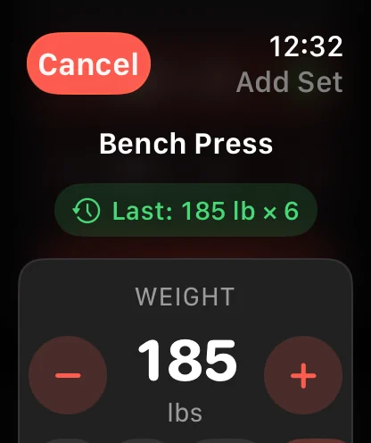 Adding a bench press set on the Apple Watch, dialling 185 lbs with last session's 185 lb for 6 reps shown above.