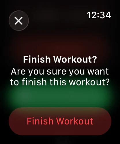 The Apple Watch confirmation asking whether to finish the workout.