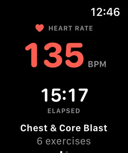 The REPZ Apple Watch app showing 135 BPM and 15 minutes elapsed during a Chest & Core Blast session.