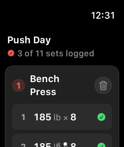 The REPZ Apple Watch app showing Push Day with 3 of 11 sets logged and a bench press set of 185 lb for 8 reps.
