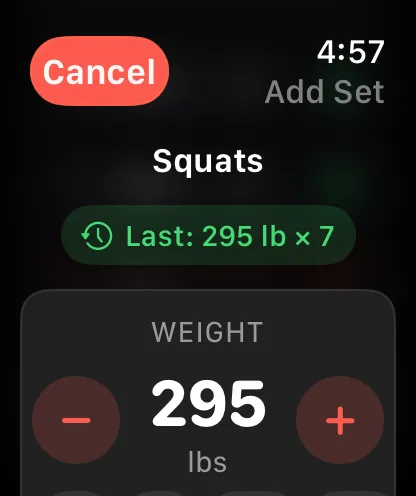 Adding a squat set on the Apple Watch, pre-filled at 295 lb, with “Last: 295 lb × 7” shown above.