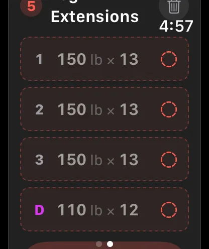Planned Leg Extensions on the Apple Watch: three sets of 150 lb × 13 and a drop set of 110 lb × 12 marked D, each in a dashed outline until it’s logged.