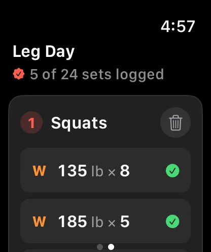 The REPZ Apple Watch app mid-workout: Leg Day, 5 of 24 sets logged.